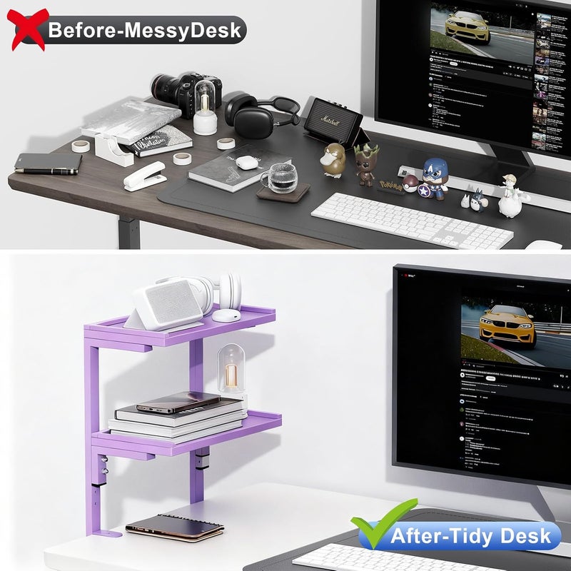 Spacrea clamp on Desk Shelf, 2 Tier Office Desk Shelves Organizer, Wood Desktop Supplies Storage Rack, Desk Organizers and Accessories (Purple) - Image 3